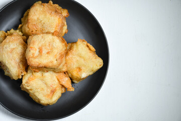 Topview of Gorengan or Fried tofu. Fried food is one of the favorite snacks in Indonesia