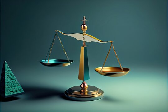  a golden scale balance with a blue background and a green background behind it.