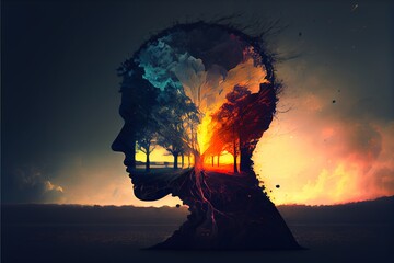  a double exposure of a person's head with a fire in the background and trees in the middle.