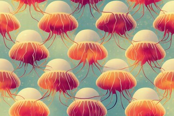 Obraz premium Seamless marine pattern with beautiful jellyfish. Generative AI