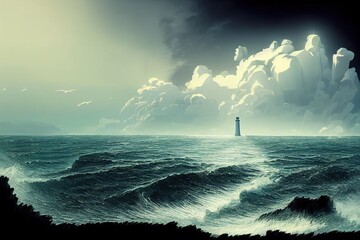 Lighthouse on sea far far away. Generative AI