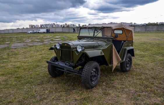 Soviet military all-wheel-drive Retro car of the increased possibility jeep GAZ-67 at the exhibition of retro cars in Kyiv