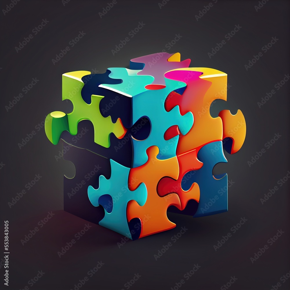 Poster a colorful puzzle piece is shown in a square shape with a black background and a black background wi