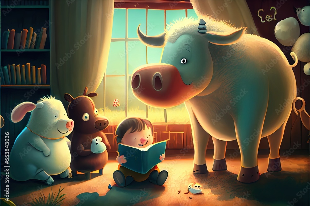 Poster a child is reading a book to a cow and other animals in a room with a window and a book shelf. gener