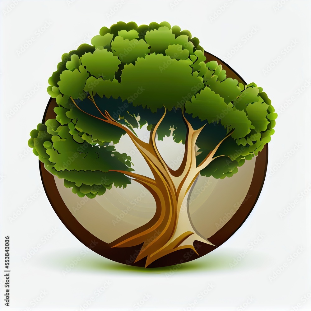 Poster a tree with a brown circle around it and a white background with a green tree in the center of the c