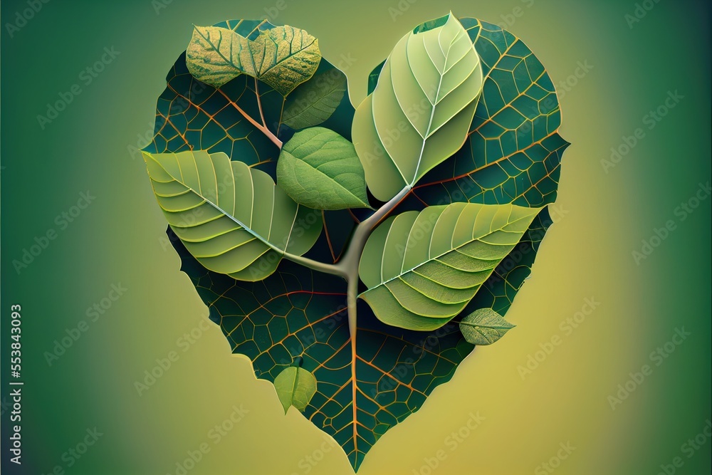 Poster a heart shaped leaf with a branch and leaves on it. generative ai