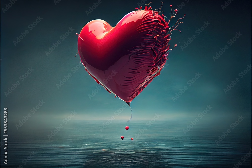 Poster a heart shaped balloon floating in the air over water with a string of tiny red hearts attached to i