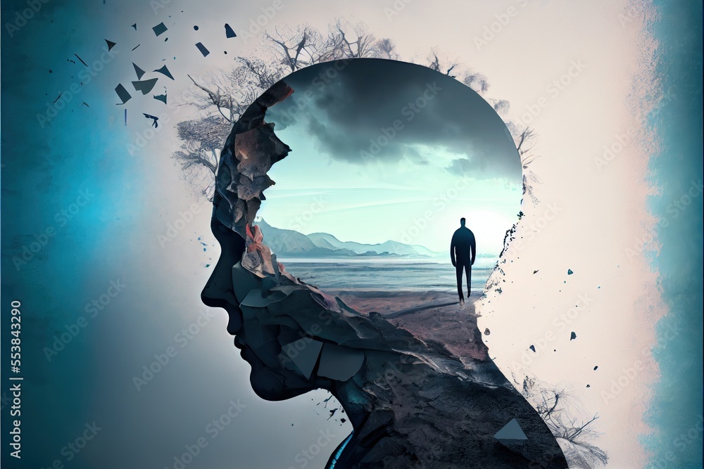 Poster a man standing in front of a broken window with a sky background and a broken window with a man stan