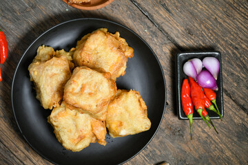 Topview of Gorengan or Fried tofu. Fried food is one of the favorite snacks in Indonesia