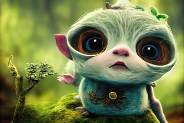 sweet, cute creature from fairytale. green baby alien. Generative AI