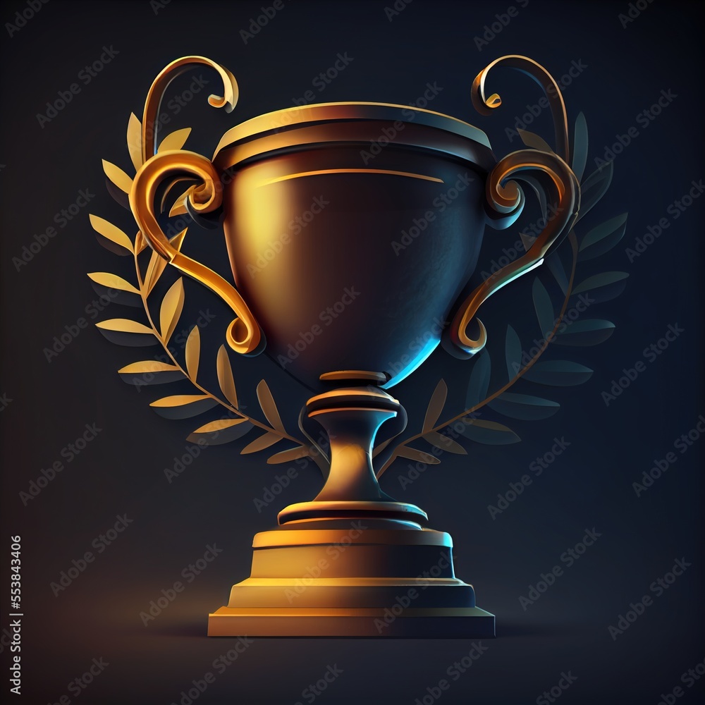 Poster a golden trophy with a laurel around it on a black background illustration of a golden trophy with a
