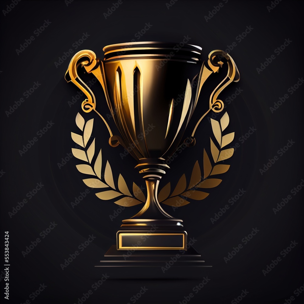 Poster a golden trophy trophy with a laurel around it on a black background with a shadow and a shadow effe