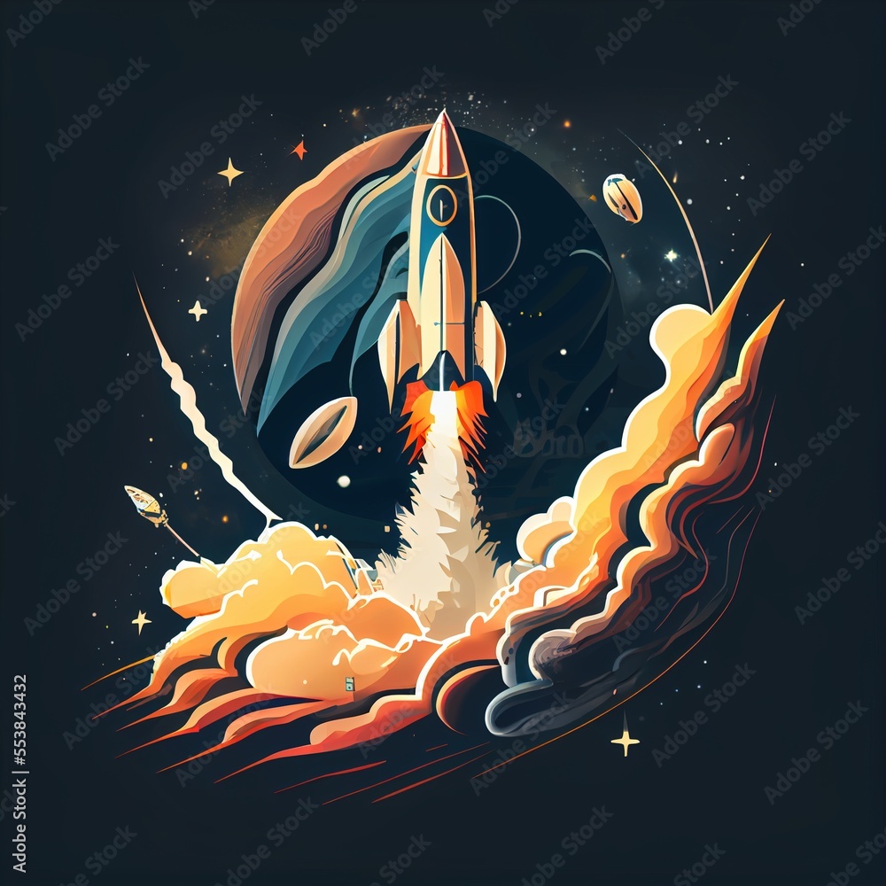 Poster a space shuttle flying through the sky with a rocket in the background and planets around it. genera