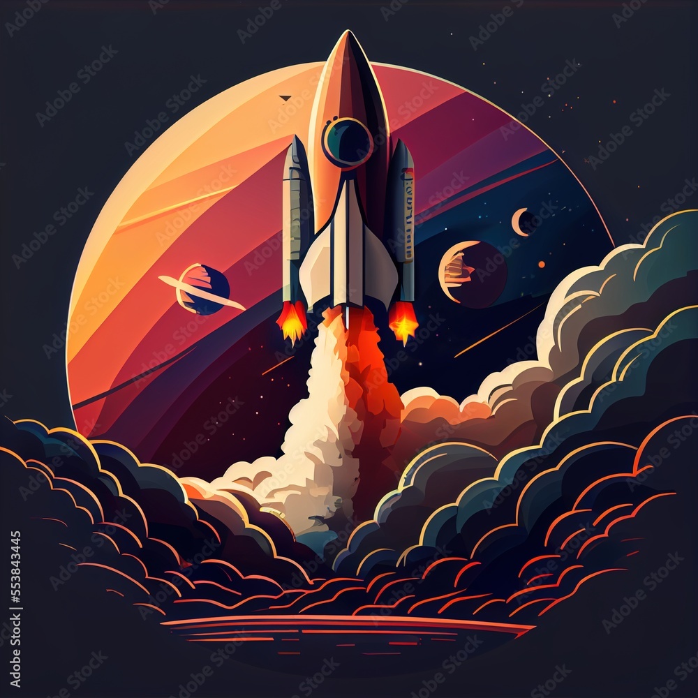 Poster a space shuttle flying through the sky with saturn in the background and saturn in the foreground. g