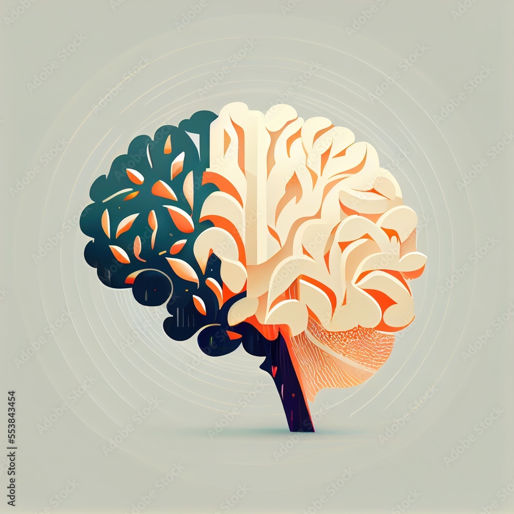Poster a stylized image of a brain with a spiral background and a circular pattern on the side of the brain