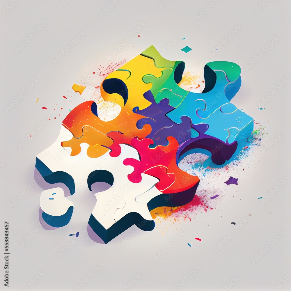 Poster a colorful puzzle piece with the number five on it's side and a splash of paint on the floor. genera