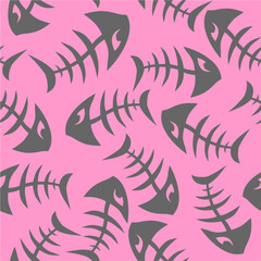 bright seamless pattern of gray graphic fish skeletons on a pink background, texture, design