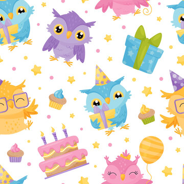 Owl Character Greeting with Happy Birthday Seamless Pattern Design Vector Template