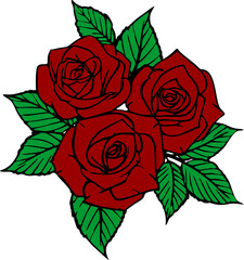 color drawing of a bouquet of three red roses with a black outline on a white background, logo, decor