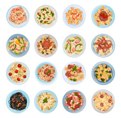 Pasta Dish Italian Cuisine for Restaurant Menu Served on Plate Big Vector Set