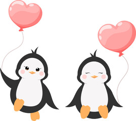 Cartoon cute flying and sitting penguin with heart ball on transparent background