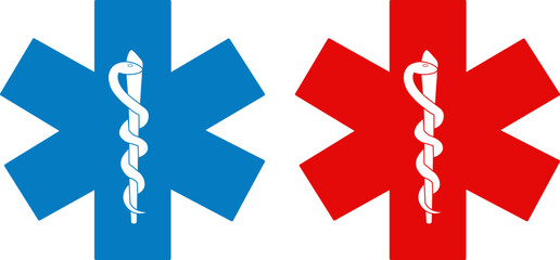 Medical symbol set red and blue Star of Life with Rod of Asclepius logo icon isolated on white background. First aid. Emergency symbol. Vector illustration.