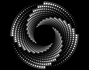 White halftone dots in vortex form. Geometric art. Trendy design element.Circular and radial lines volute, helix.Segmented circle with rotation.Radiating arc lines