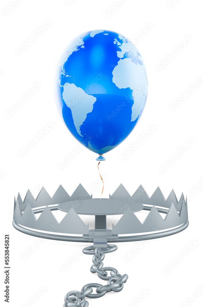 Aufkleber balloon with earth map in trap, 3d rendering