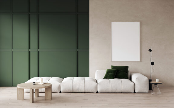 3d rendering of modern living room with white sofa and floor lamp, table, decorative wall with dark green panels, wooden floor. Empty white frame for picture or art on wall. Frame mockup. 3d rendering