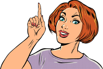 woman points finger gesture, quality recommendation, hand gesture, advertisement announcement