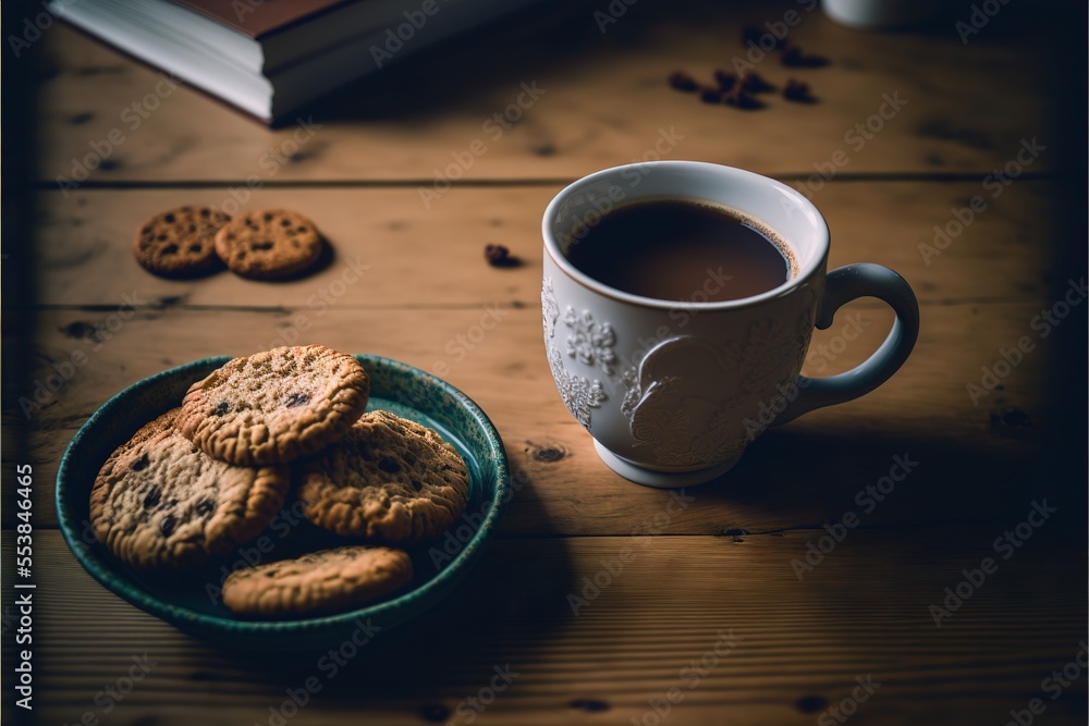 Aufkleber a cup of coffee and some cookies on a table with a book and a book on the table behind it., generati