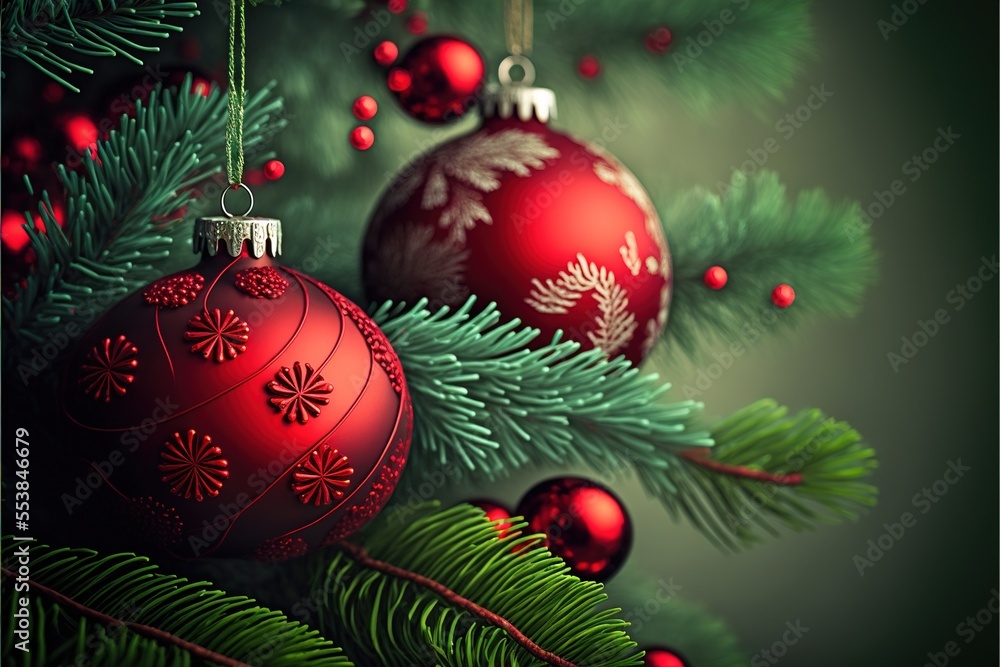 Poster a christmas tree with red ornaments hanging from it's branches and a green background with red balls and fir needles., generative ai