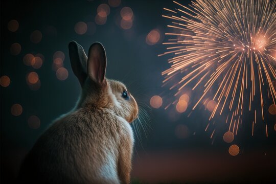 Rabbit looking at exploding fireworks. Happy new year 2023 Chinese year of rabbit Illustration. Generative Ai