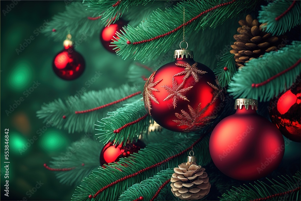 Poster a christmas tree with red and green ornaments on it's branches and pine cones on the branches of the