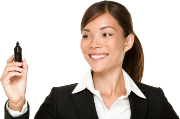 Business woman writing with pen on virtual screen with copy space for text or design. Beautiful young smiling Asian / Caucasian professional isolated cutout PNG on transparent background.