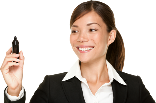 Business woman writing with pen on virtual screen with copy space for text or design. Beautiful young smiling Asian / Caucasian professional isolated cutout PNG on transparent background.