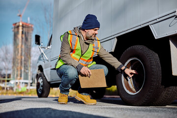 Smiling truck driver checking vehicle tires before the ride.