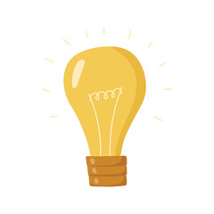 Yellow Light bulb with rays shine. Cartoon light bulb isolated on white background. Flat style. Doodle style. Symbol of creativity, innovation, inspiration, invention and idea. Vector illustration