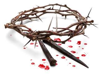 Bloody crown of thorns on the desk. Good Friday, Passion of Jesus Christ. Christian Easter holiday.