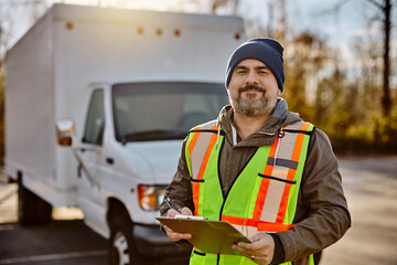 Happy truck driver with shipment list on parking lot looking at camera.