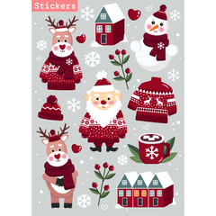 Stickers Set of Merry Christmas with Santa Claus, Deer, Snowman, Hot chocolate, scandinavian houses, christmas sweather, beanie hat