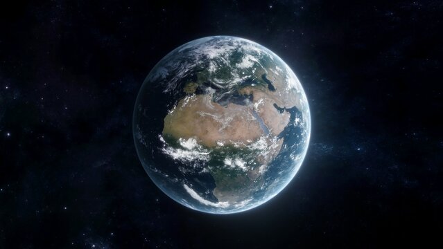 Earth in space. Blue planet wallpaper with Europe and Africa. 3D illustration of Globe on star field background with starry sky in interstellar space. Elements of this image furnished by NASA. © remotevfx