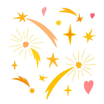 Shooting stars, stars, hearts, Christmas fireworks simple doodle vector illustration, hand drawn cartoon image for winter holidays greeting cards, invitations, banners, decor, stickers, posters