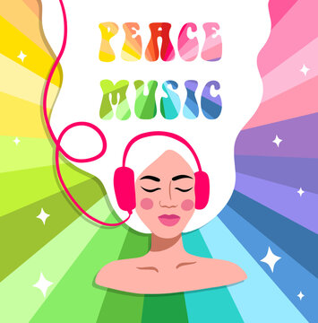 Hippie girl listens to music on psychedelic rainbow background