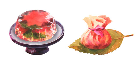 Watercolor illustration sakuramochi with tea cloth wrapping and wagashi cherry on ceramic plate, japanise sweets isolated on white background.