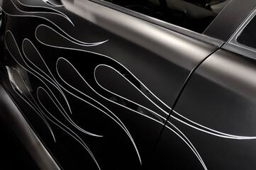 Flame Pattern on a black matte custom hot rod car. Black matt fire decal.
