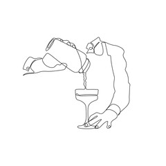 Barmen making cocktail. Bartender, barman, barista pouring drink. One line drawing style. Hand drawn vector illustration.