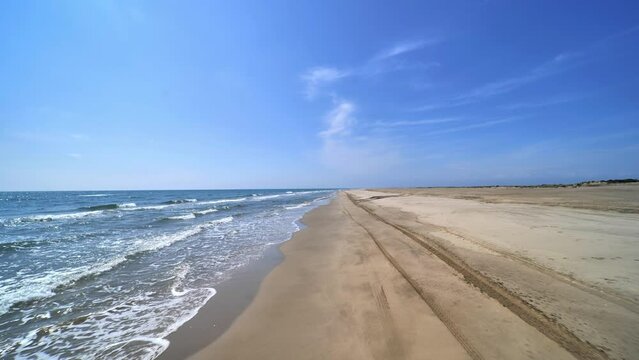 Mediterranean sea and sandy empty beach during lockdown France