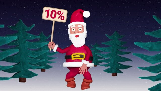 Seamless looping animation of a plasticine Santa Claus with a 10 percent sign walking through a winter landscape including green screen and luma matte 