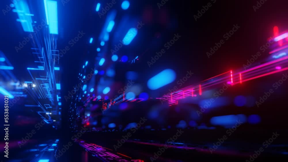Poster pattern like sci-fi hologram. fly through technology cyberspace with neon glow. sci-fi flight throug